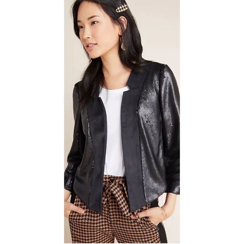 Anthropologie Black Sequin Open Front Kimono Cardigan Jacket